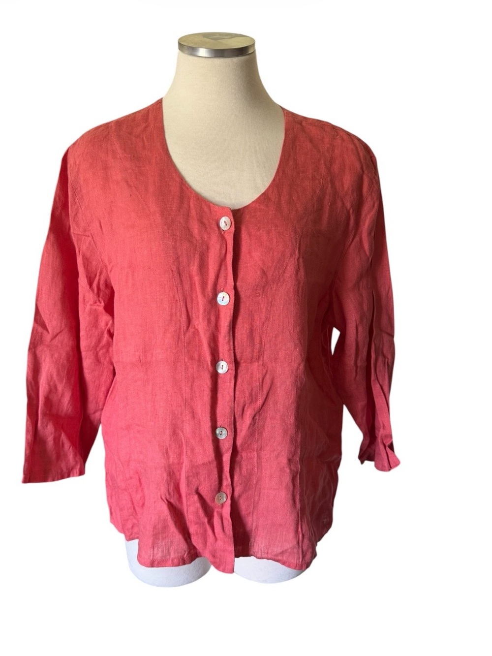 Flax Coral Button-Front Linen Blouse